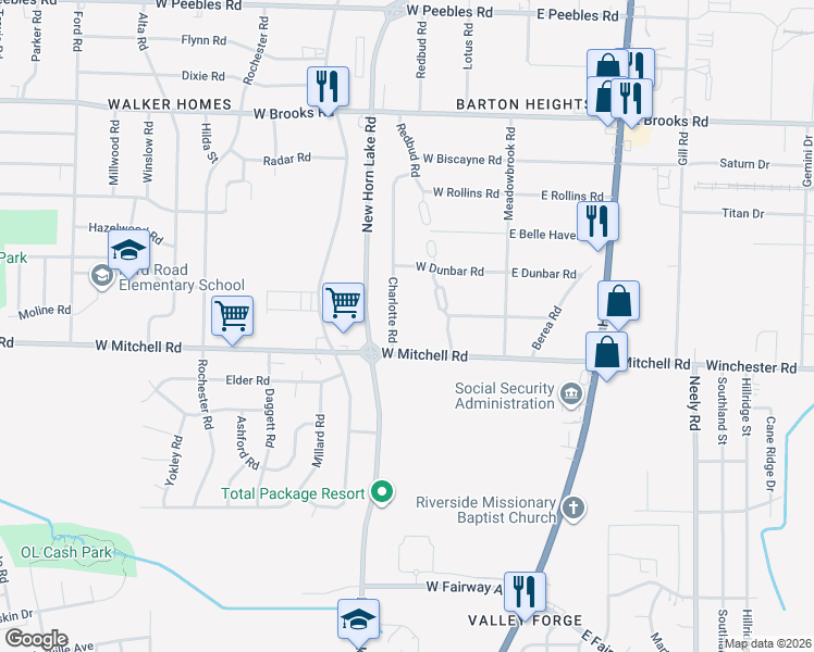 map of restaurants, bars, coffee shops, grocery stores, and more near 3380 Charlotte Road in Memphis