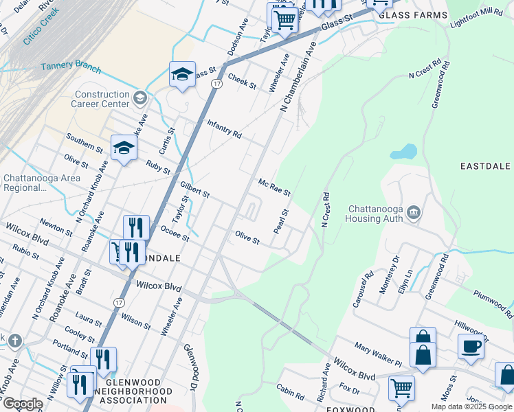 map of restaurants, bars, coffee shops, grocery stores, and more near 1961 Maple Hills Way in Chattanooga