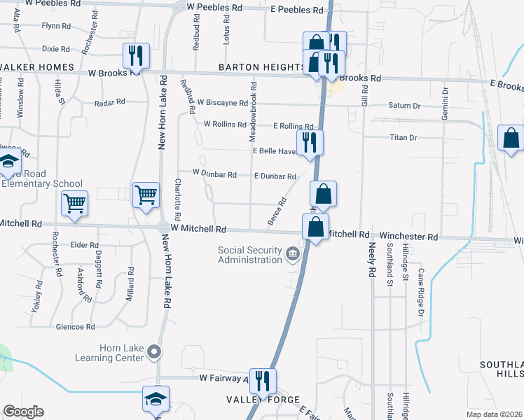 map of restaurants, bars, coffee shops, grocery stores, and more near 25 East Emory Road in Memphis