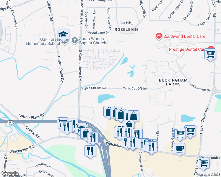 map of restaurants, bars, coffee shops, grocery stores, and more near Callis Cut Off Road in Memphis