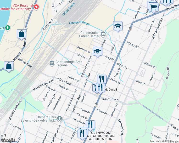 map of restaurants, bars, coffee shops, grocery stores, and more near 1614 North Orchard Knob Avenue in Chattanooga