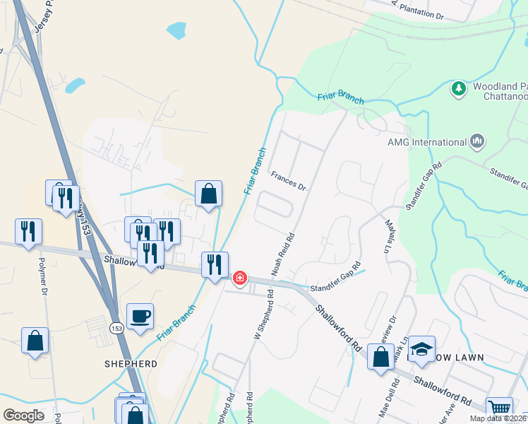 map of restaurants, bars, coffee shops, grocery stores, and more near 6455 Laramie Circle in Chattanooga