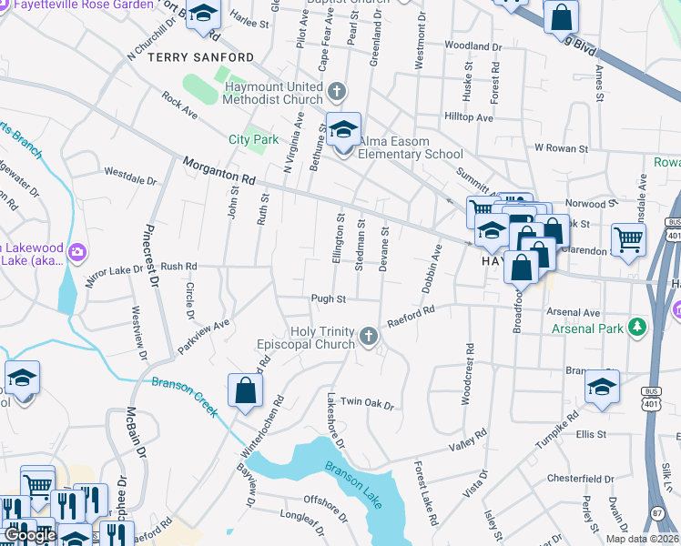 map of restaurants, bars, coffee shops, grocery stores, and more near 207 Ellington Street in Fayetteville