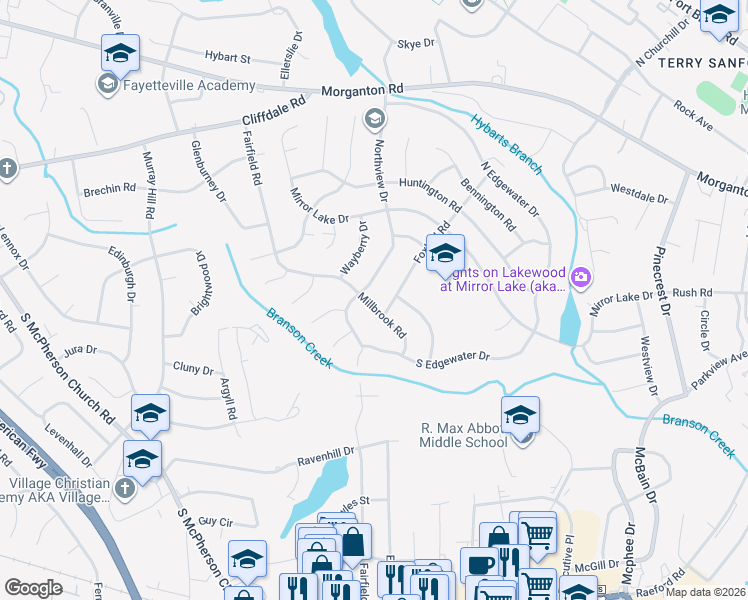 map of restaurants, bars, coffee shops, grocery stores, and more near 2736 Millbrook Road in Fayetteville