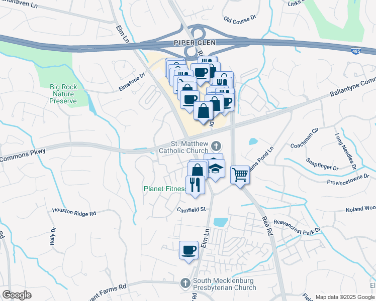 map of restaurants, bars, coffee shops, grocery stores, and more near 11329 Olde Turnbury Ct in Charlotte
