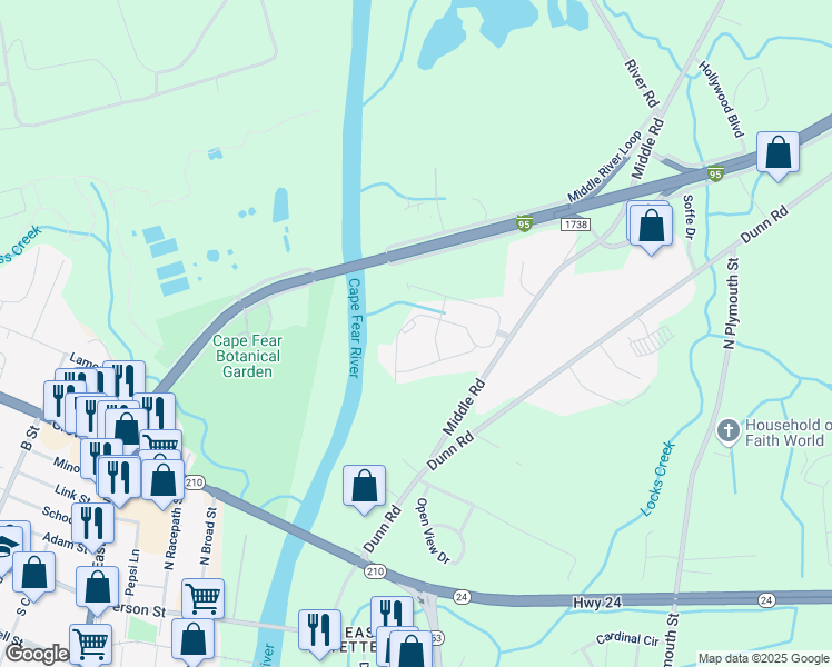 map of restaurants, bars, coffee shops, grocery stores, and more near 1630 Bluffside Drive in Fayetteville