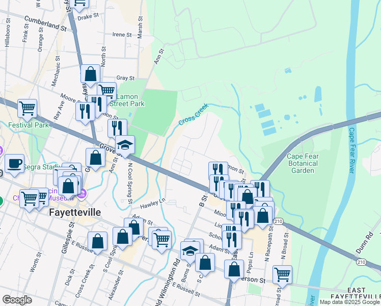 map of restaurants, bars, coffee shops, grocery stores, and more near 74 Lamon Street in Fayetteville
