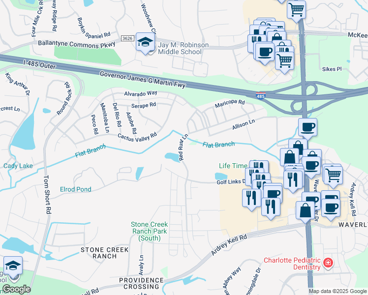 map of restaurants, bars, coffee shops, grocery stores, and more near 11912 Red Rust Lane in Charlotte