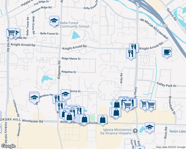 map of restaurants, bars, coffee shops, grocery stores, and more near 6355 Ridgeline Drive in Memphis