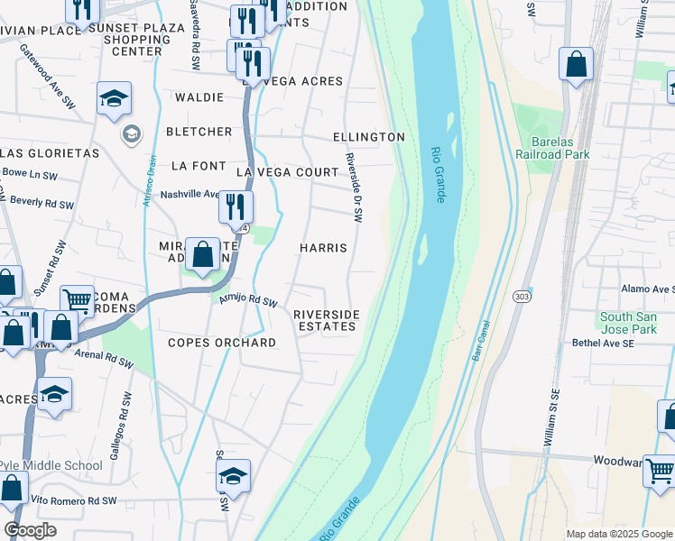 map of restaurants, bars, coffee shops, grocery stores, and more near 749 Riverside Drive Southwest in Albuquerque