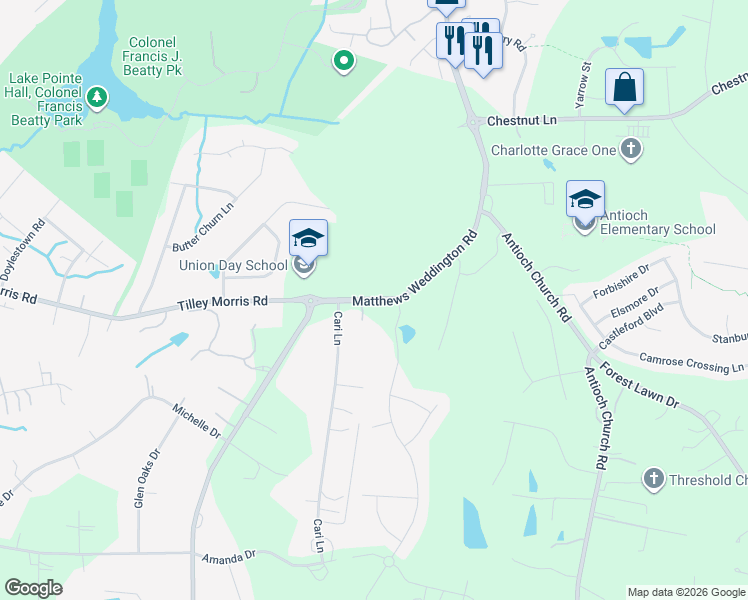 map of restaurants, bars, coffee shops, grocery stores, and more near 3774-3898 Matthews Weddington Road in Weddington
