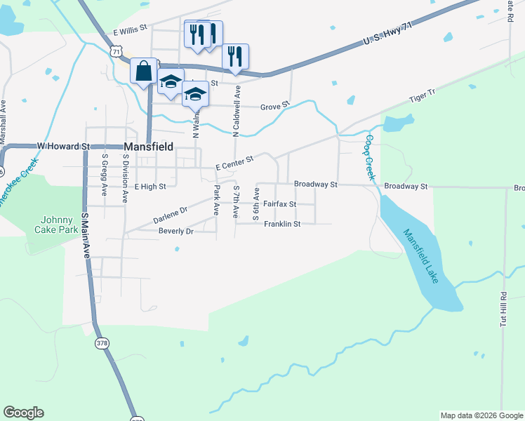 map of restaurants, bars, coffee shops, grocery stores, and more near 404 South 6th Avenue in Mansfield