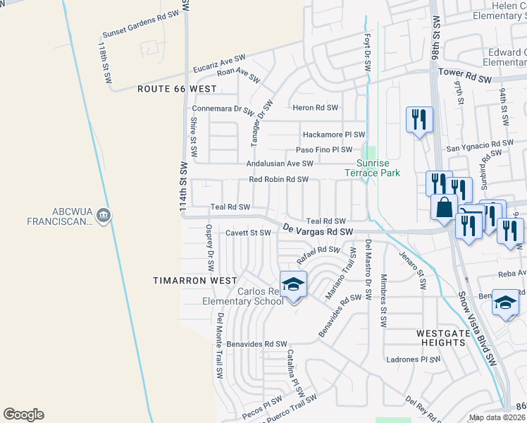 map of restaurants, bars, coffee shops, grocery stores, and more near 10700 Teal Road in Albuquerque