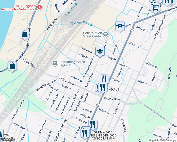 map of restaurants, bars, coffee shops, grocery stores, and more near 1614 North Orchard Knob Avenue in Chattanooga