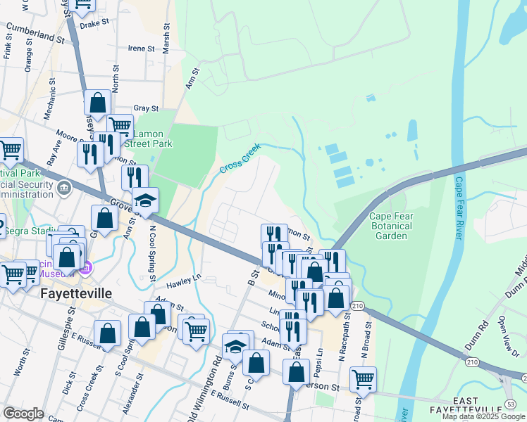 map of restaurants, bars, coffee shops, grocery stores, and more near 411 Lamon Street in Fayetteville