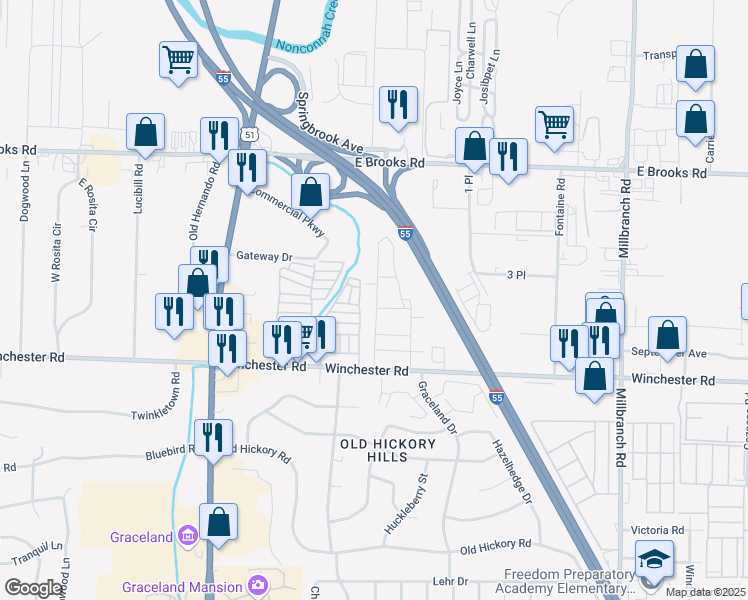map of restaurants, bars, coffee shops, grocery stores, and more near 3375 West Winchester Place in Memphis