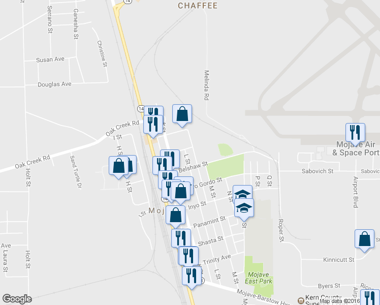map of restaurants, bars, coffee shops, grocery stores, and more near 16158 L Street in Mojave