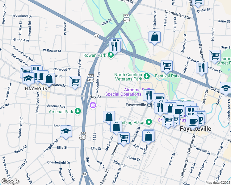 map of restaurants, bars, coffee shops, grocery stores, and more near 702 Marketview Court in Fayetteville
