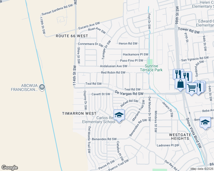 map of restaurants, bars, coffee shops, grocery stores, and more near 10700 Teal Road in Albuquerque