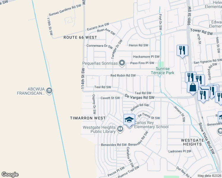 map of restaurants, bars, coffee shops, grocery stores, and more near 10820 Teal Road in Albuquerque