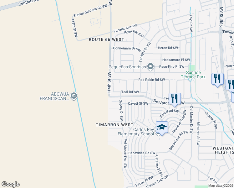 map of restaurants, bars, coffee shops, grocery stores, and more near 11212 Teal Road Southwest in Albuquerque