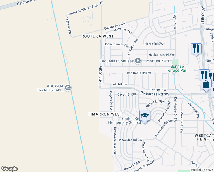 map of restaurants, bars, coffee shops, grocery stores, and more near 11212 Teal Road Southwest in Albuquerque