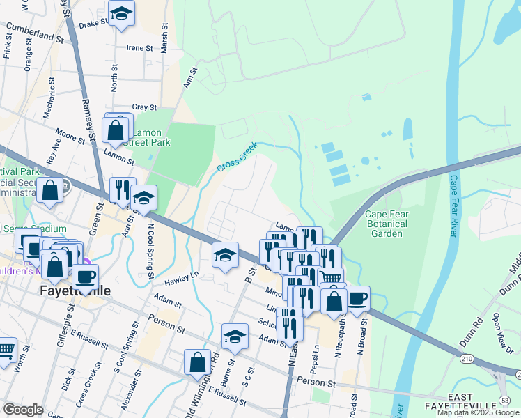 map of restaurants, bars, coffee shops, grocery stores, and more near 411 Lamon Street in Fayetteville