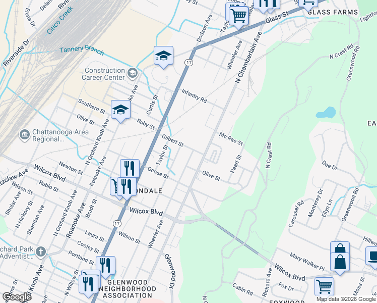 map of restaurants, bars, coffee shops, grocery stores, and more near 2322 Gilbert Street in Chattanooga