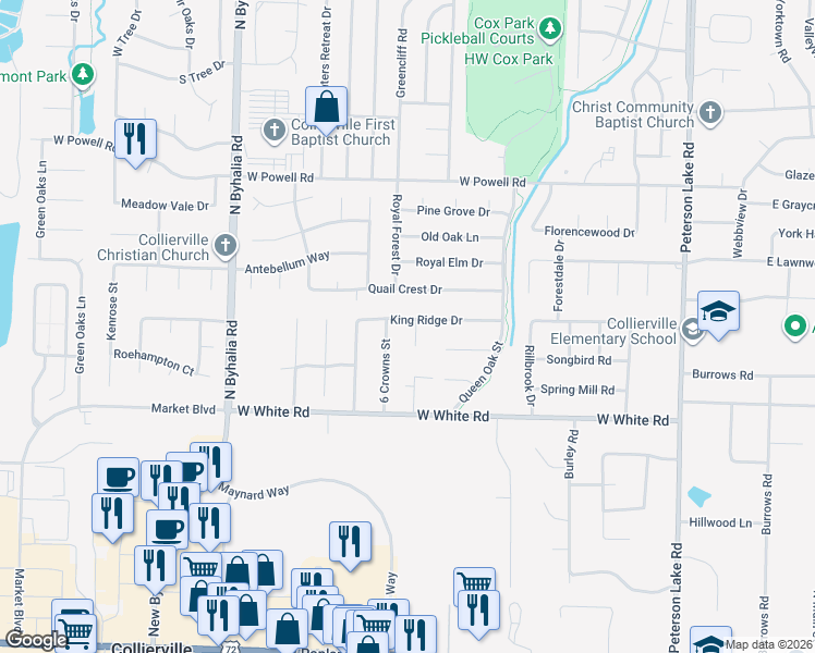 map of restaurants, bars, coffee shops, grocery stores, and more near 619 King Ridge Cove in Collierville