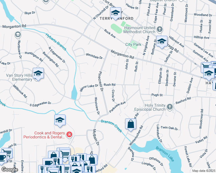 map of restaurants, bars, coffee shops, grocery stores, and more near 705 Rush Road in Fayetteville