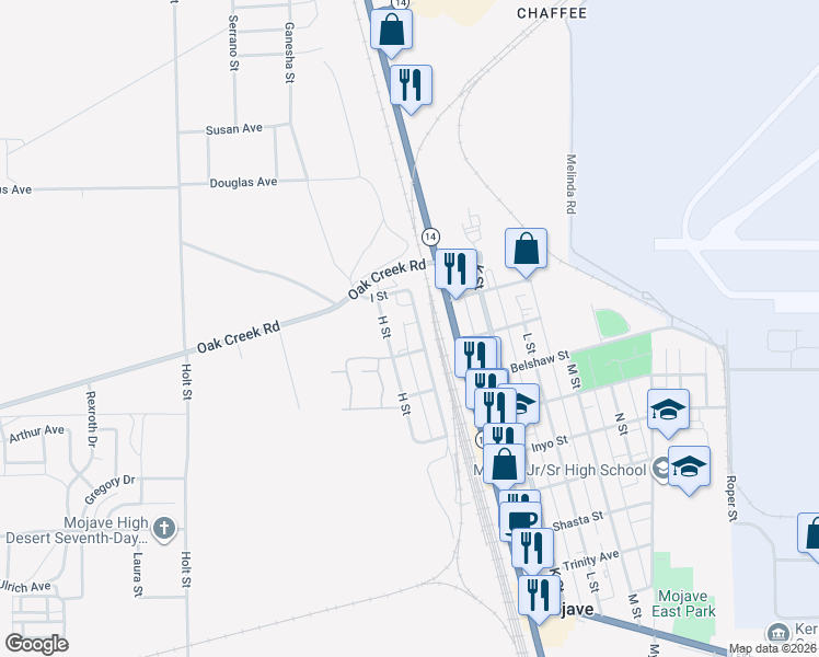 map of restaurants, bars, coffee shops, grocery stores, and more near 16241 I Street in Mojave