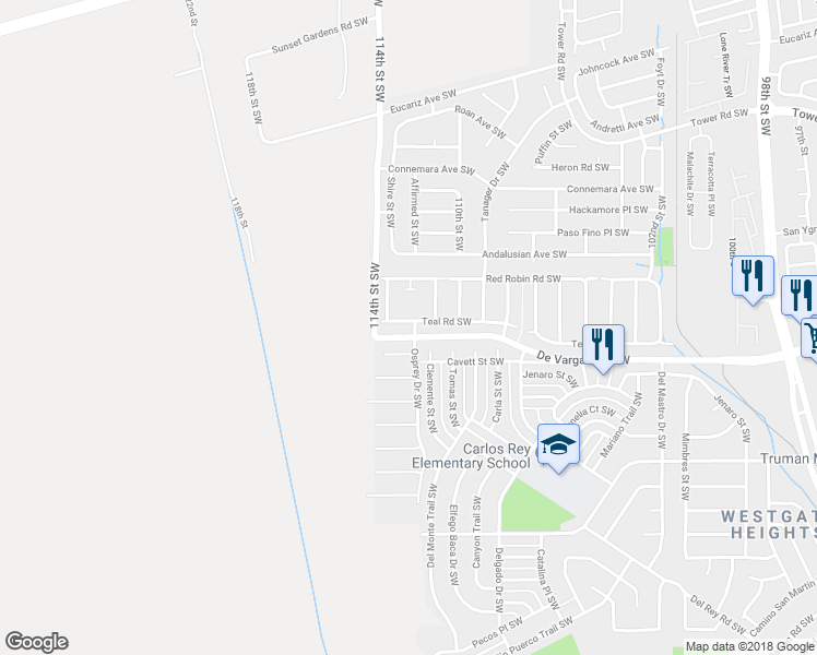 map of restaurants, bars, coffee shops, grocery stores, and more near 11100 Teal Road Southwest in Albuquerque