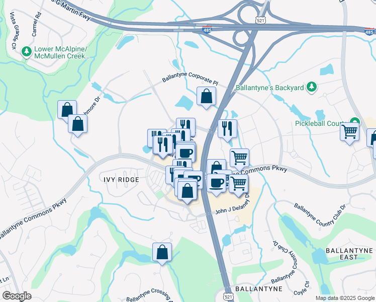 map of restaurants, bars, coffee shops, grocery stores, and more near 13843 Conlan Circle in Charlotte