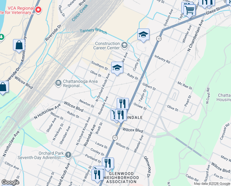 map of restaurants, bars, coffee shops, grocery stores, and more near 1701 Bradt Street in Chattanooga