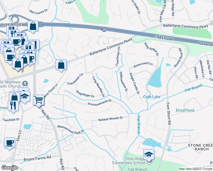 map of restaurants, bars, coffee shops, grocery stores, and more near 10945 Fox Mill Lane in Charlotte