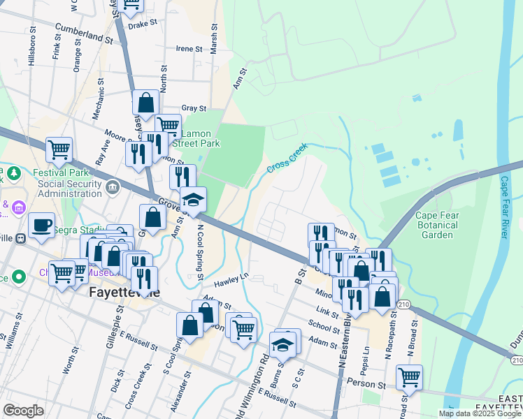 map of restaurants, bars, coffee shops, grocery stores, and more near 110 Grove View Terrace in Fayetteville