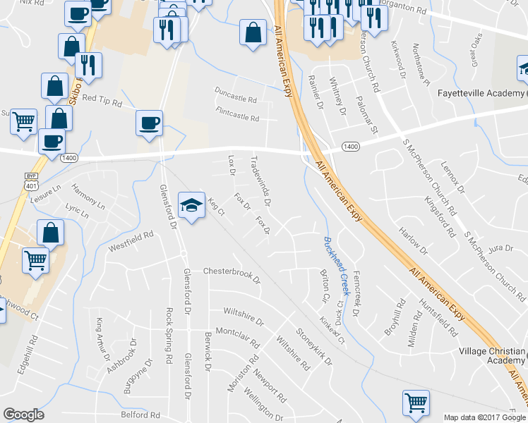 map of restaurants, bars, coffee shops, grocery stores, and more near 4501 Ewe Court in Fayetteville