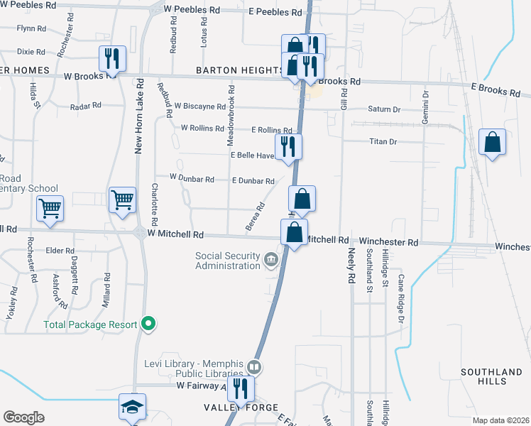 map of restaurants, bars, coffee shops, grocery stores, and more near 3372 Berea Road in Memphis
