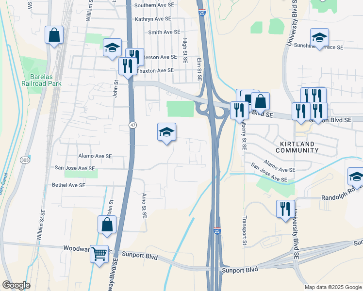 map of restaurants, bars, coffee shops, grocery stores, and more near 2540 Karsten Court Southeast in Albuquerque