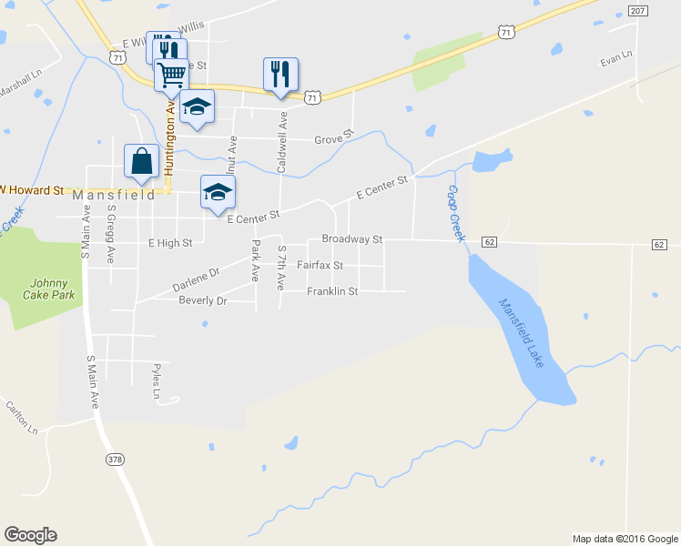 map of restaurants, bars, coffee shops, grocery stores, and more near 901 Fairfax Street in Mansfield