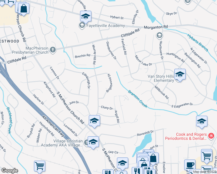 map of restaurants, bars, coffee shops, grocery stores, and more near 426 Brightwood Drive in Fayetteville