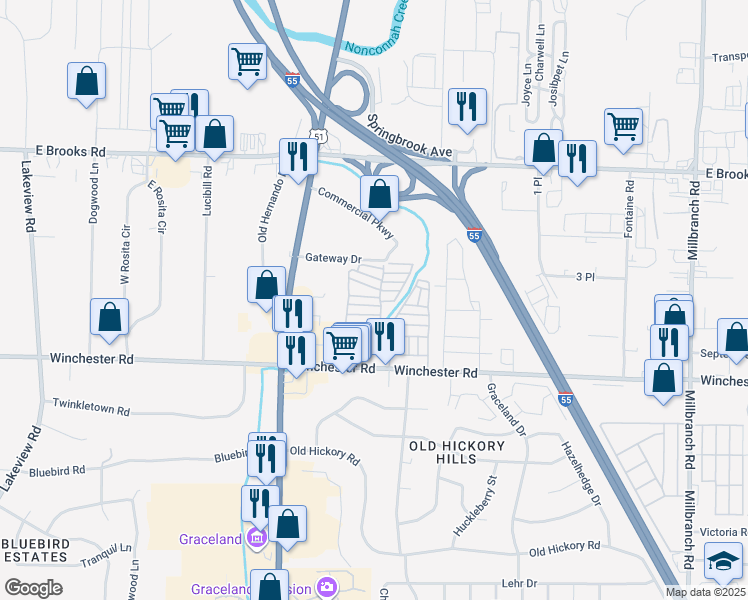 map of restaurants, bars, coffee shops, grocery stores, and more near 1293 Turkey Run Lane in Memphis