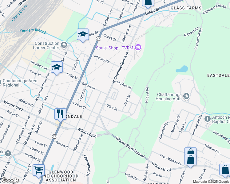 map of restaurants, bars, coffee shops, grocery stores, and more near 1945 Maple Hills Way in Chattanooga