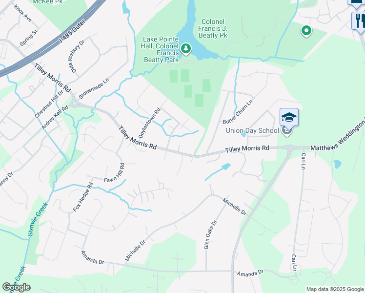 map of restaurants, bars, coffee shops, grocery stores, and more near 3330 Tilley Morris Road in Matthews