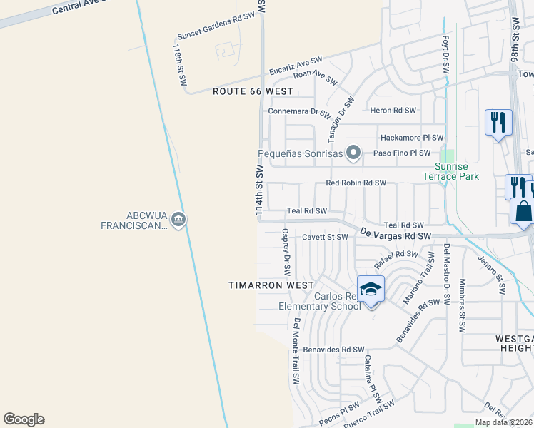 map of restaurants, bars, coffee shops, grocery stores, and more near 11212 Teal Road Southwest in Albuquerque