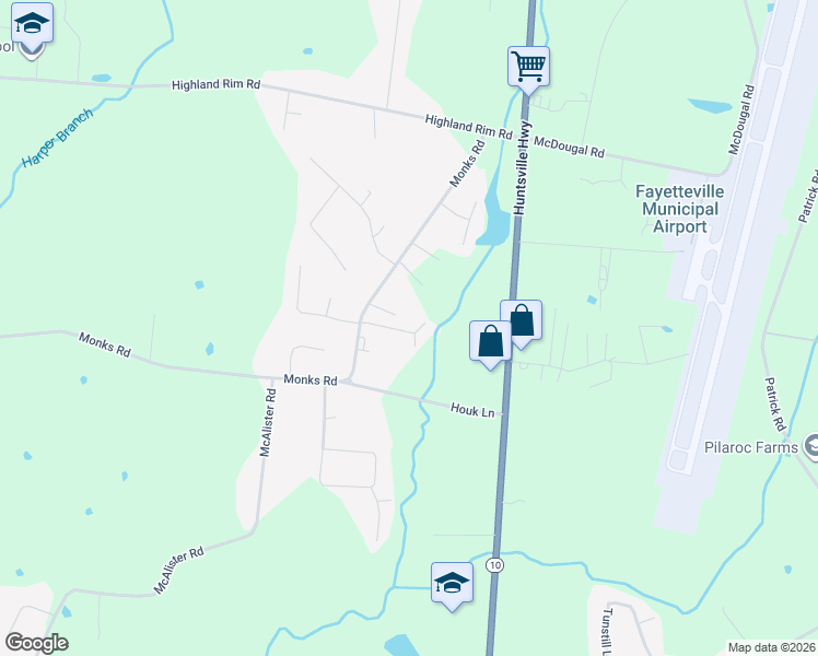 map of restaurants, bars, coffee shops, grocery stores, and more near 46 Monks Road in Fayetteville