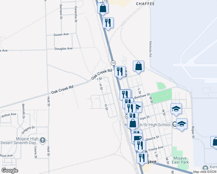 map of restaurants, bars, coffee shops, grocery stores, and more near 16241 I Street in Mojave
