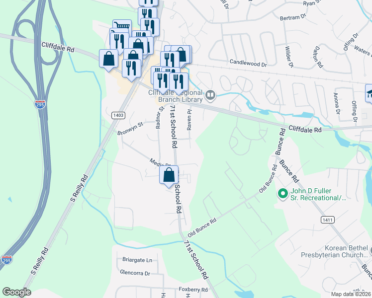 map of restaurants, bars, coffee shops, grocery stores, and more near 604 Raven Place in Fayetteville