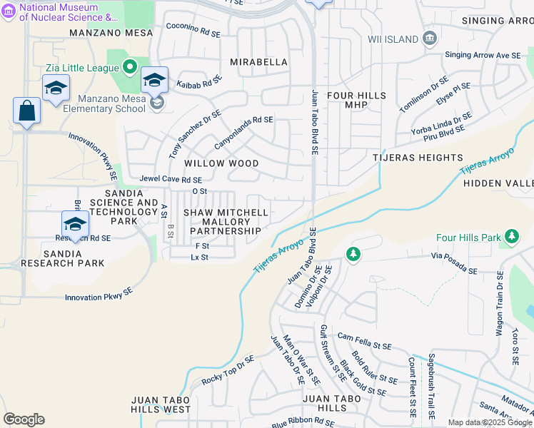 map of restaurants, bars, coffee shops, grocery stores, and more near 1053 Colt Lane Southeast in Albuquerque
