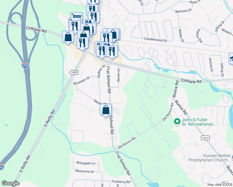 map of restaurants, bars, coffee shops, grocery stores, and more near 604 Raven Place in Fayetteville